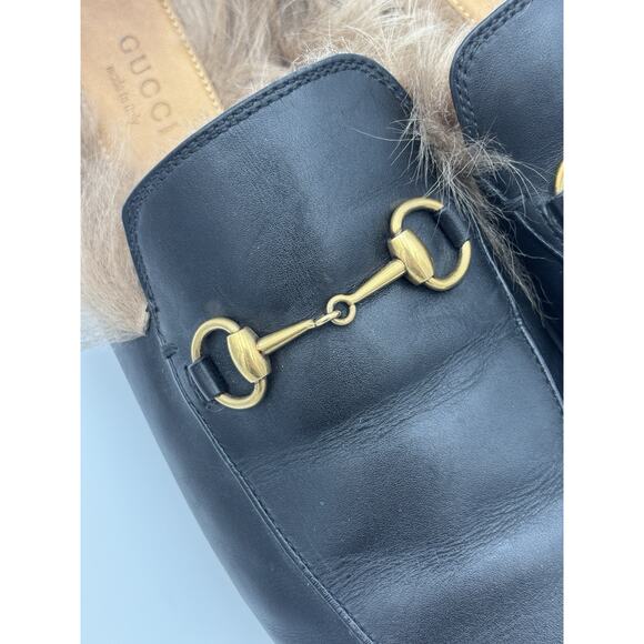 Gucci Princetown Horsebit Accent Black Leather Mules Fur Lined Size 9 39 Loafers - Picture 8 of 16